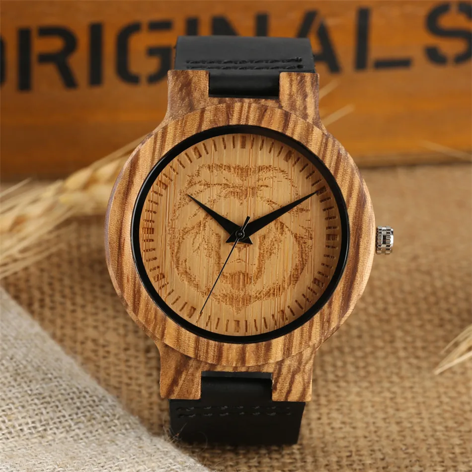 

Carving Lion Face Zebrawood Men Watch Quartz Genuine Leather Wristwatch Black Analog Natural Wood Male Timepiece Casual Watches