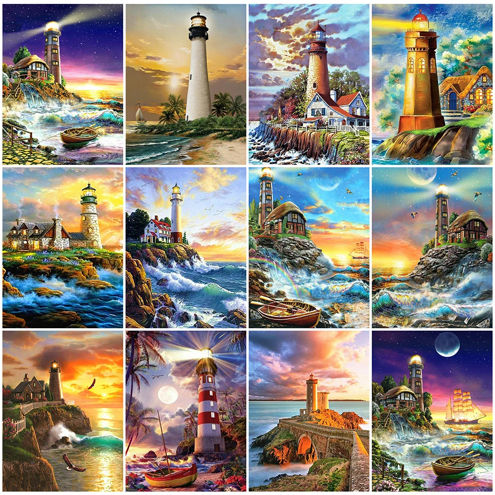 

MomoArt Diamond Painting Lighthouse 5D Full Square Diamond Embroidery Seaside Rhinestones Mosaic Sunset Scenic Picture Wall Art