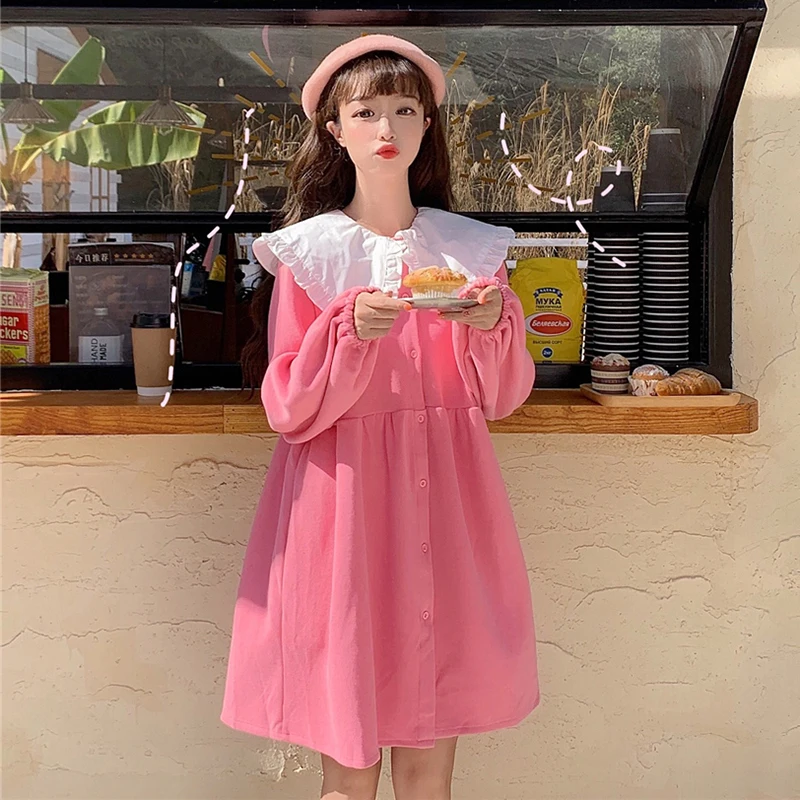 

Японское мягкое платье для девушек, милое платье яркого цвета в виде листьев лотоса, женское длинное розовое студенческое платье с рукавом-фонариком, Клубное платье