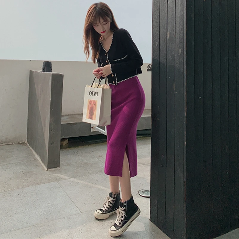 Женская трикотажная прямая юбка TingYiLi длинная юбка-карандаш с разрезом и высокой