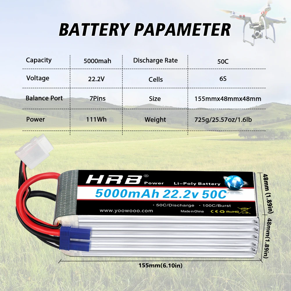 HRB-bater&iacute;a Lipo 6S de 22,2 V, 5000mAh, 50C con conector EC5 XT90 para Lab 700 800, Quadcopter, helic&oacute;ptero, Drone, Align 7,2 Yak 54, 2 uds.-1