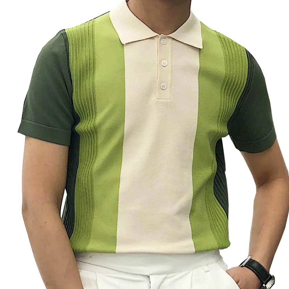 

ZOGAA Summer Fashion Patchwork Striped Ice Silk Knit Short Sleeve Top Men Polo Shirt Casual Lapel Polo Shirt Retro Shirt 3XL