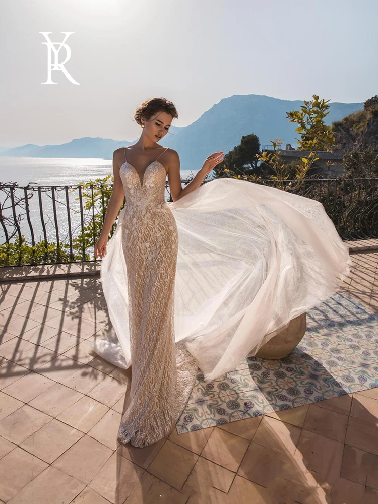 

YILIBER Mermaid wedding dress lace v-neck sling luxury bridal dresses applique decoration sleeveless plus size
