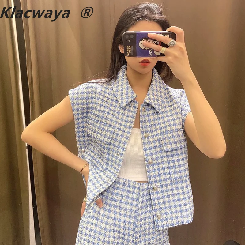 

Klacwaya Women 2021 Spring/Summer Lapel Single-Breasted Pocket Button Vintage Female Texture Sleeveless Suit Vest