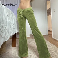 sweetown pink solid sweet cute velvet new flare pants design pockets drawstring low waist slim sexy womens joggers sweatpants