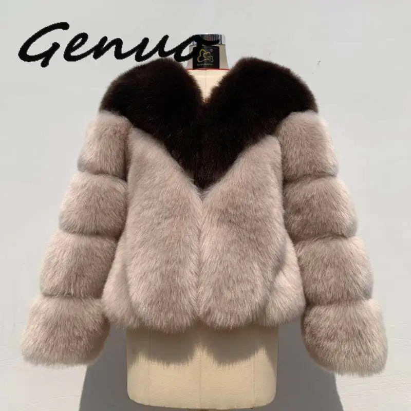 Luxury Contrast Color Fur Coat Women Winter Faux Fox Fur Jackets Coats Street Fashion Fluffy Overcoat Thick Warm Fake Fur Jacket
