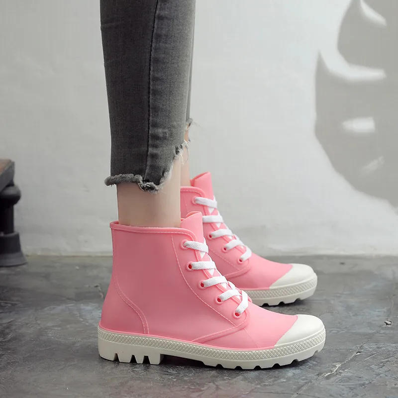 New Fashion Rain Boots Women Shoes Candy Color Non-slip Jelly Shoes Woman Ankle Boots Lace Up Waterproof Gum'd Boots galoshes