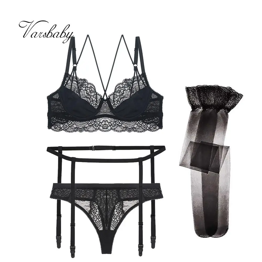 

Varsbaby/4 шт./лот, сексуальное ультратонкое нижнее белье без подкладки с цветочным рисунком, удобный кружевной бюстгальтер + пояс + стринги + чул...