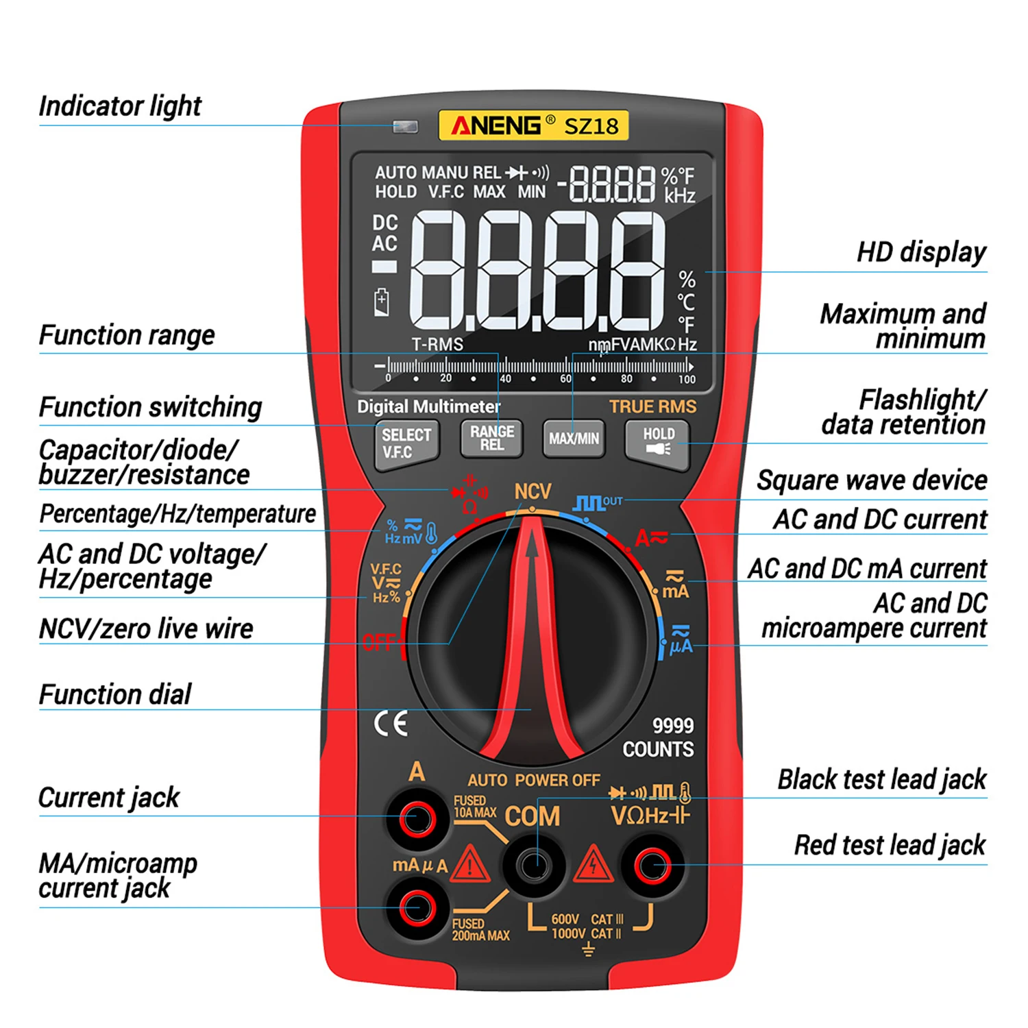 SZ18 Digital Multimeter 9999 Professional True RMS Analog Tester Multimetro DIY Transistor Capacitor NCV Testers Lcr Meter