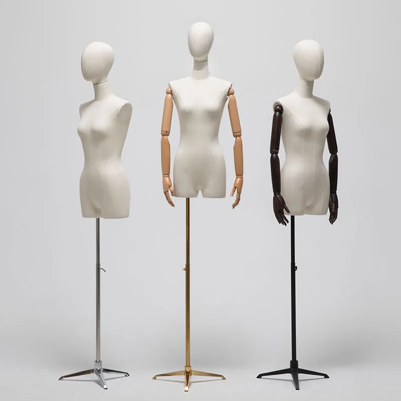 Dress Form Fabric Cover Half Body Female Mannequin Model Torso Iron Base With Wooden Arms For Window Display