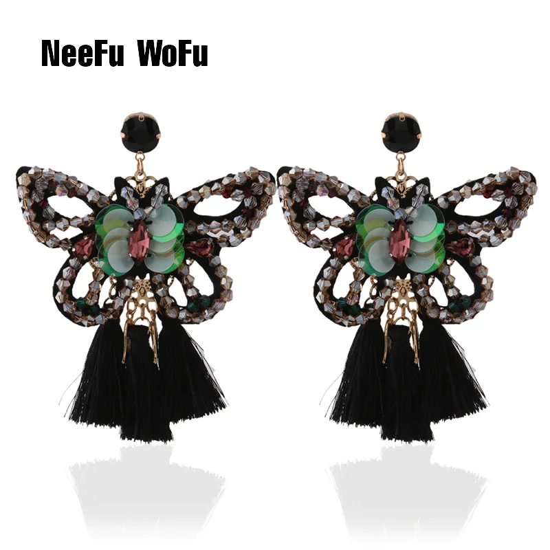 NeeFu WoFu Rhinestone Earrings Tassel Crystal Big butterfly Earring Large Long Brinco Ear Accessories Oorbellen Christmas Gift | Украшения