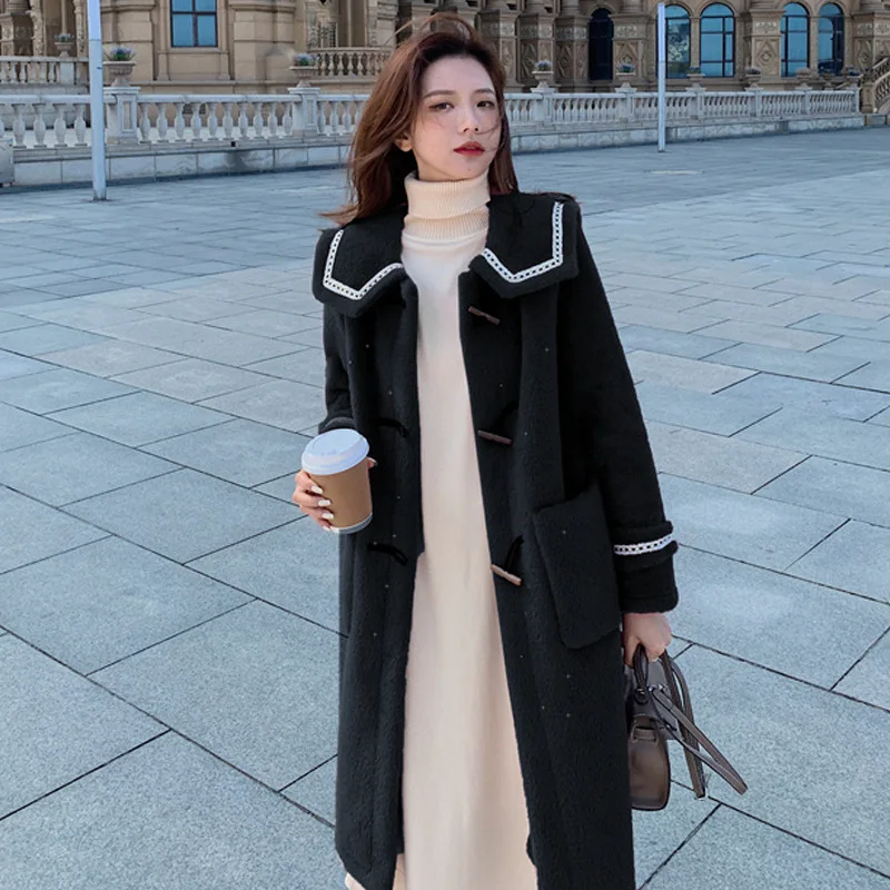 

Autumn and winter new style Korean style fur one-piece slim-fit single-row horn buckle fashionable long woolen coat women