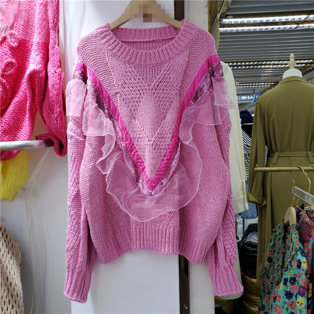 

2022 Spring Autumn New Outwear Sweater Women Long Sleeve Pullover Sweet Ruffle Patch Knitted Jumper Korean Fashion Pull Femme