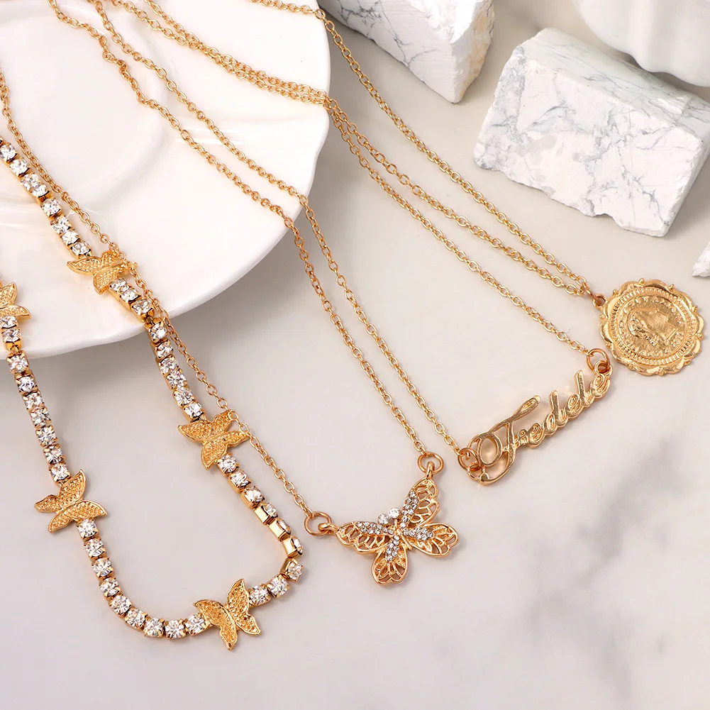 

Flatfoosie Multilayer Trendy Butterfly Crystal Chain Necklace for Women Gold Color Coin Portrait Letter Pendant Necklace Jewelry