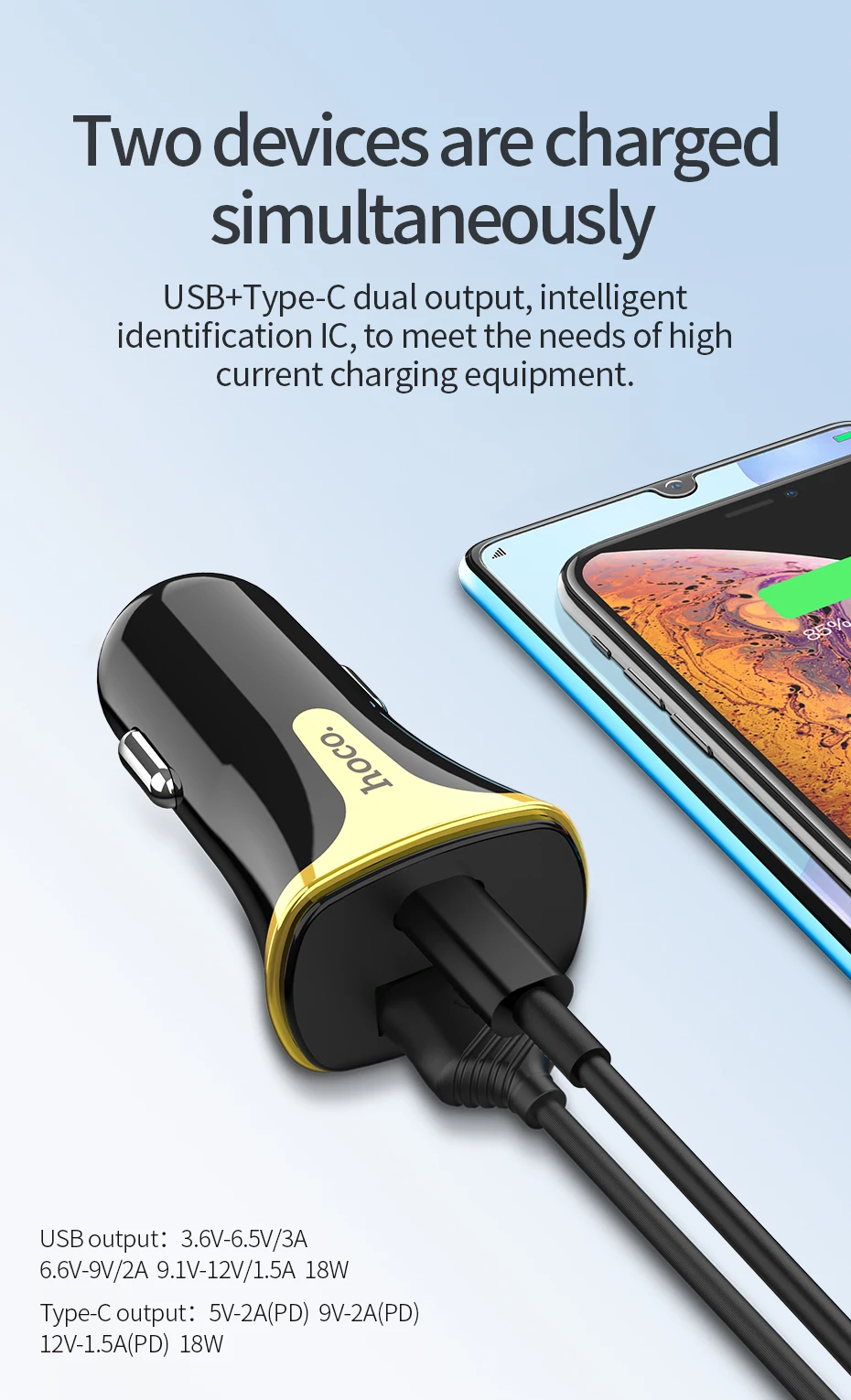 Автомобильное зарядное устройство HOCO PD QC 3,0 USB зарядное устройство для samsung S8 S9 S10 Xiaomi Mi9 huawei USB Автомобильное зарядное устройство 18 Вт 3A адаптер