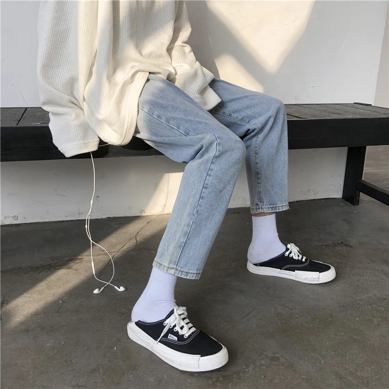 Autumn Jeans Men's Slim Fashion Washed Solid Color Casual Jean Pants Men Streetwear Wild Hip Hop Straight Denim Trousers Male