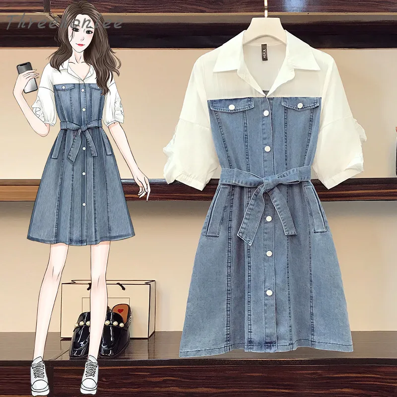 Размера плюс 2021 в Корейском стиле Сезон лето Женские джинсовые Лоскутные Платья