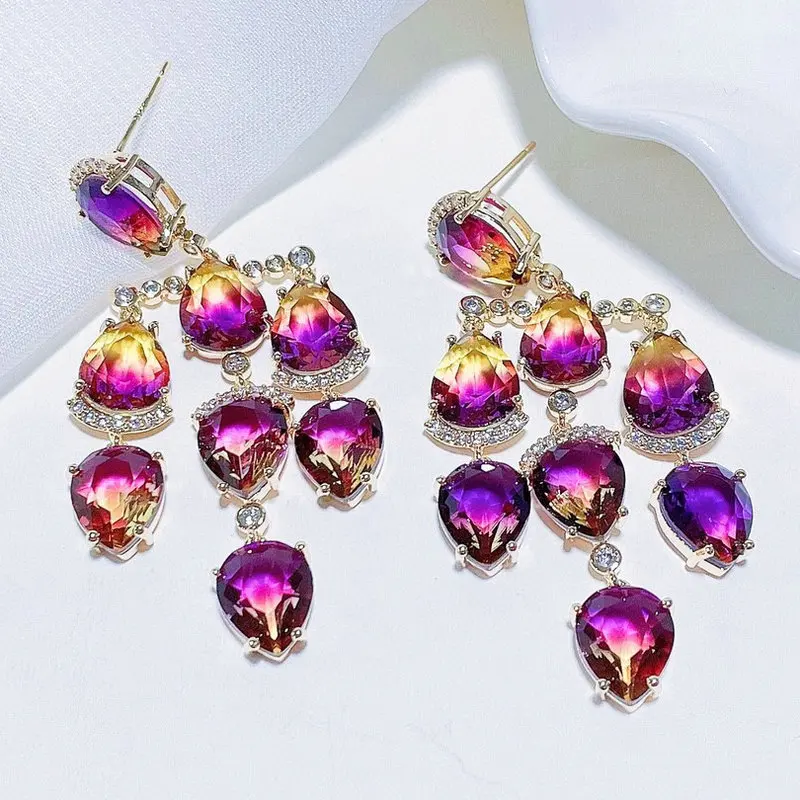 

Bilincolor Fashion Cubic Zirconia Purple Tassel Earring for Women