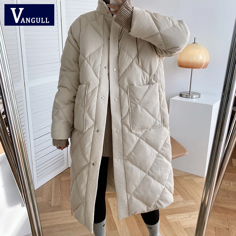 Vangull Korean Style Long Cotton-padded Coat Women 2021 Winter New Casual Stand-up Collar Argyle Pattern Oversized Parkas Jacket