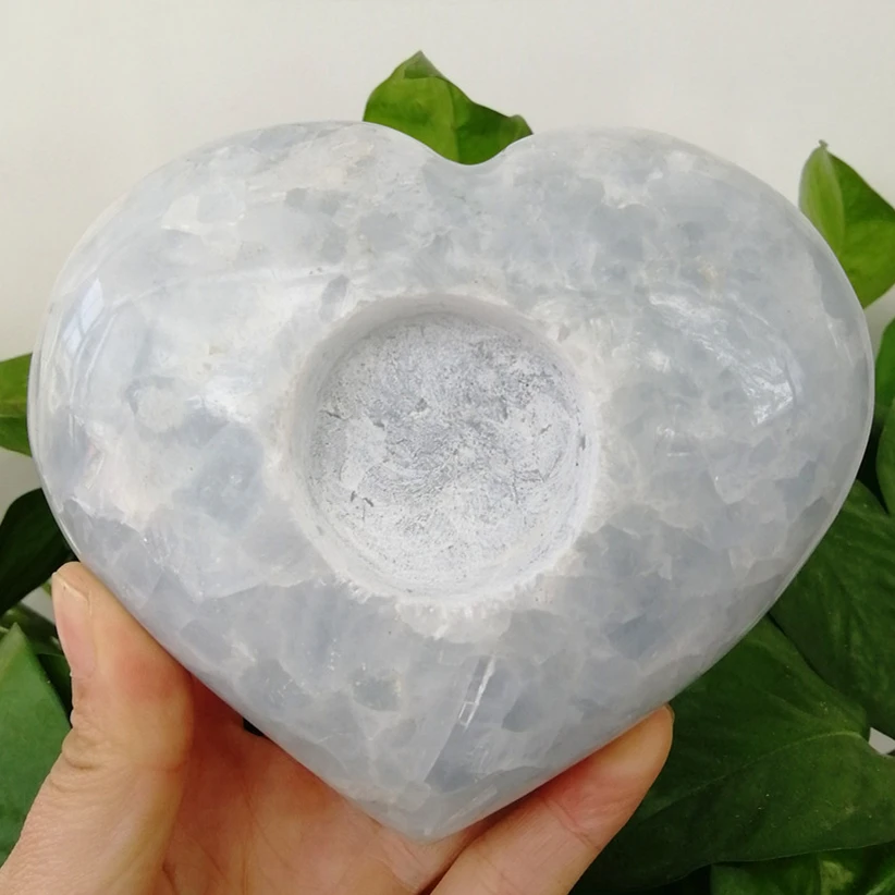 

11-12cm Natural Blue Calcite Stone Hand Carved Celestite Candle Holder Dinner Crystal Heart For Home Decor Chakra Reiki Gifts