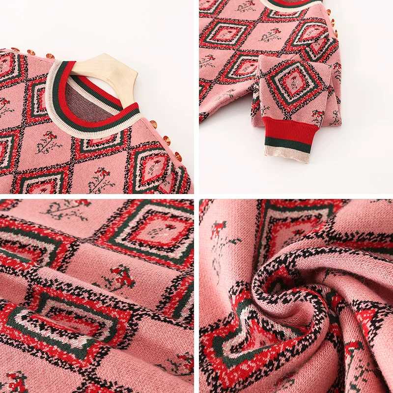 Женский жаккардовый свитер в стиле ретро контрастный джемпер клетку с ромбами