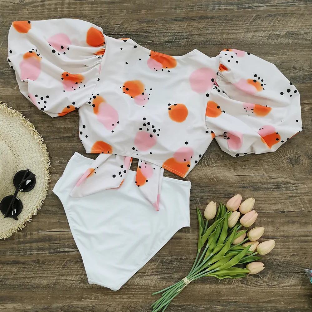 

2021 New Shoulder Puff Sleeve High Waist Bikinis Push Up Biquini Swimwear Summer Swimsuit Bathing Suit Femme Bain Bikini Set