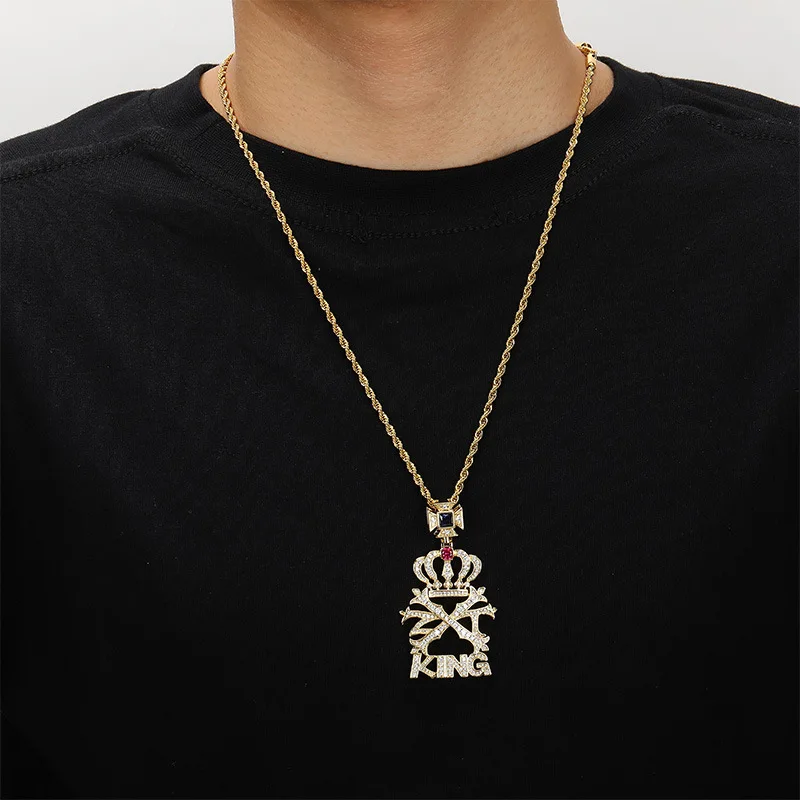 

Hip Hop Micro Paved AAA Cubic Zirconia Bling Ice Out Chuck King Crown Pendants Necklace for Men Rapper Jewelry