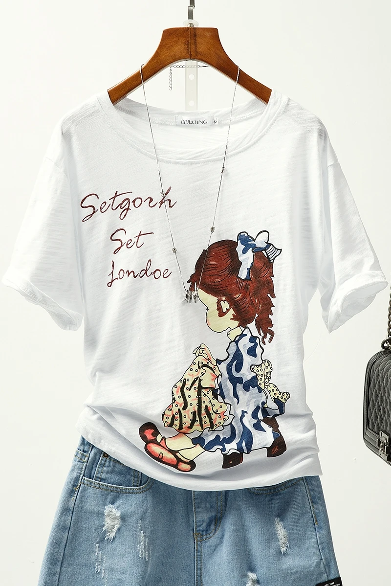

2019 Simple Fashion Cotton Cartoon Print T-shirt Female White Short-sleeve Korean Version Of The Loose O-neck T-shirt Women 0402