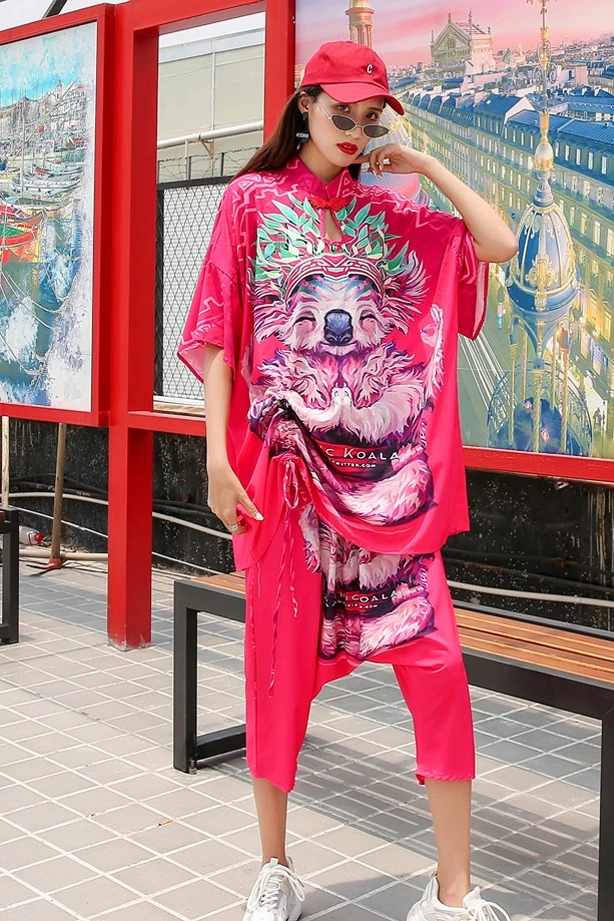 

QING MO Chinese Style Women Cartoon Set 2021 Summer Women Plus Size T Shirt + Calf Length Cross Pants ZQY7017