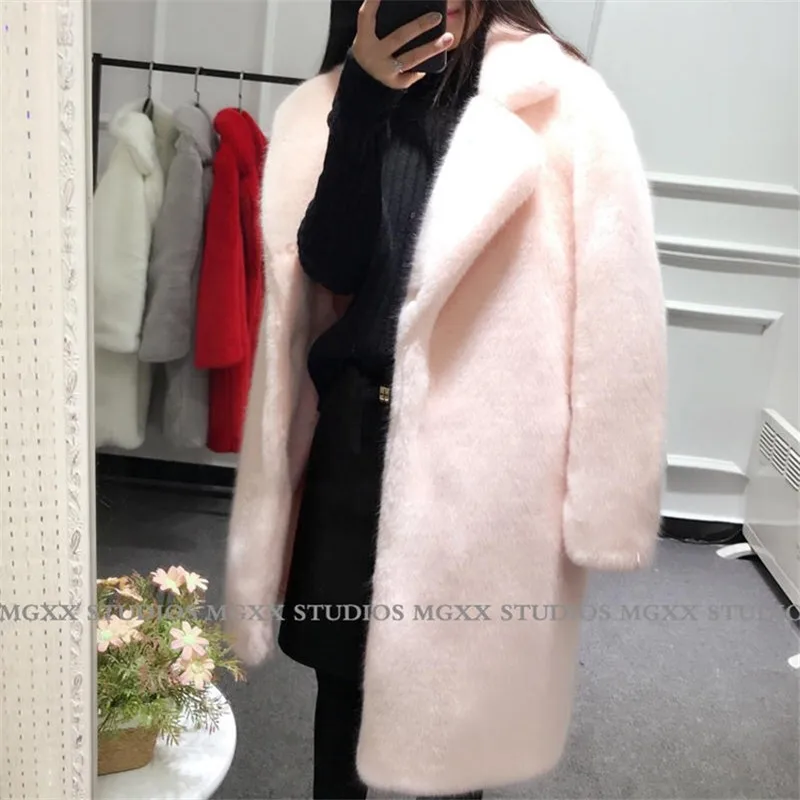XSJ8868Pink Осенне-зимнее теплое плюшевое пальто, повседневная однотонная верхняя одежда с длинными рукавами, топы, элегантные женские пальто из искусственного меха - Цвет: XSJ8868Pink