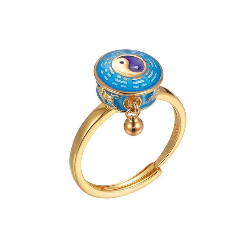 Вращающиеся кольца фэн-шуй серебряного цвета с эмалью Инь-Янь тибетский