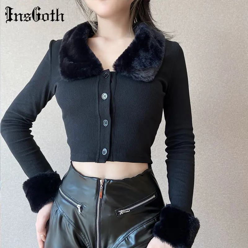 Женский винтажный кардиган InsGoth черный в стиле Харадзюку лоскутный с длинными