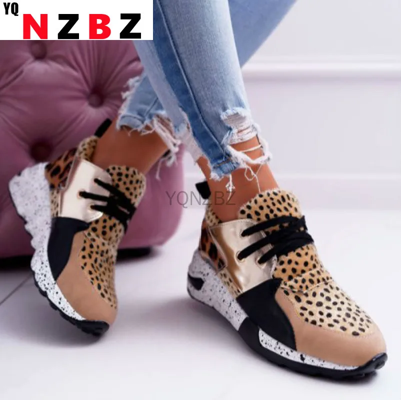 

2021 New Women Casual Shoes Breathable Ladies Sneakers Leopard Print Faux Fur Sneakers Lace-up Platform Sports Shoes Women