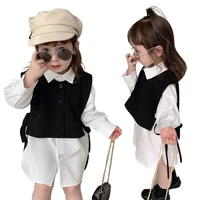 fashion baby little girls long sleeve shirt and black vest two piece set blouse cute white long tops spring children clothes