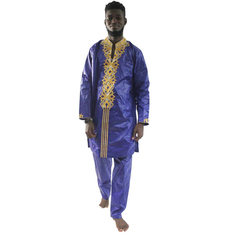 

2021 African Men's Shirt Pants Set 2 Pieces Dashiki Clothes Suit Bazin Riche Embroidery Top Trouser Traditional Formal Attire