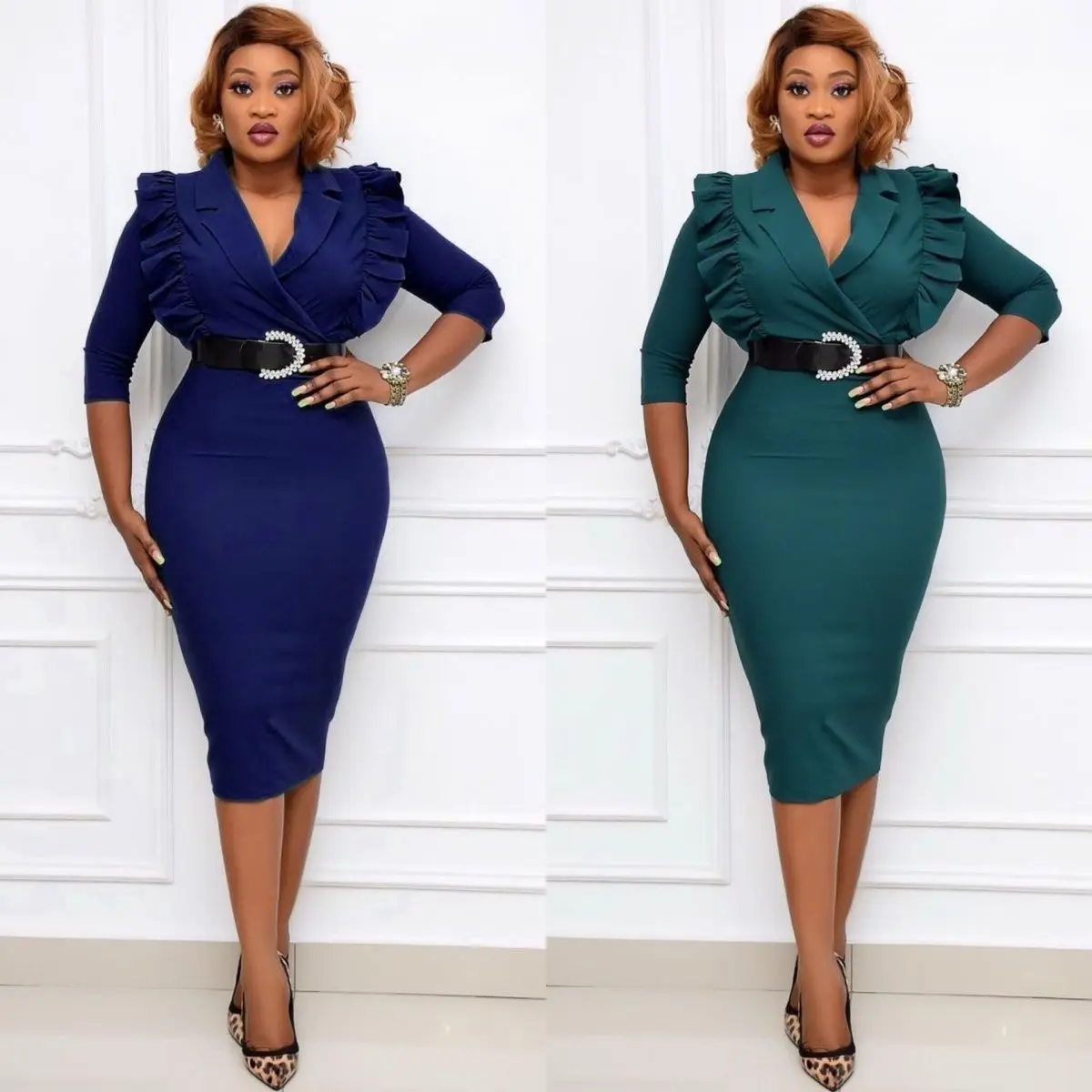 

African Plus Size Dress Women's Autumn 7 / 4 Sleeve Pleated Medium Length V-Neck Bandage Dresses