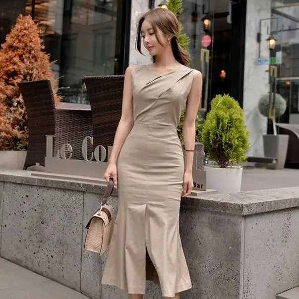 Женское облегающее платье-русалка без рукавов однотонное платье средней длины с