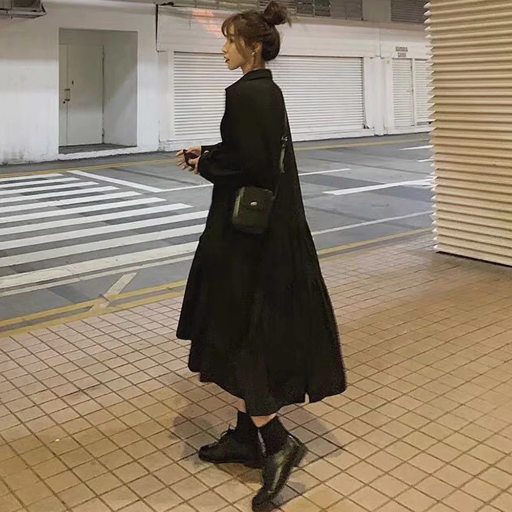 

Japan Style Ladies Dresses Spring Autumn The New Fashion Loose Simple Designer Asymmetrical Thin Hot Sale Lapel Long Sleeve