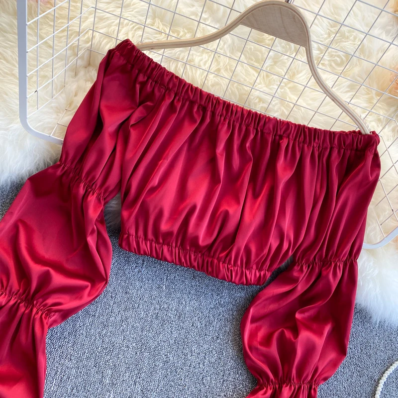 

Sexy Slash Neck Blouse Women Spring Puff Sleeve Elastic Ruched Tops Korean Style Solid Short Blouses Fashion Clothing