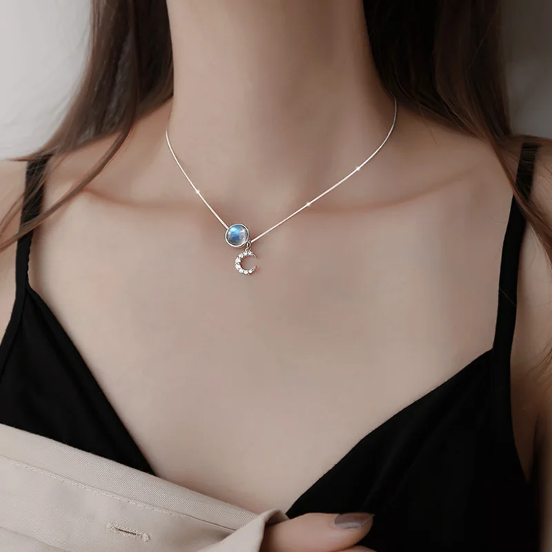 

925 Sterling Silver Elegant Zircon Moon Horse Pendant Moonstone Necklace Choker For Women Gift Fashion Delicate Fine Jewelry