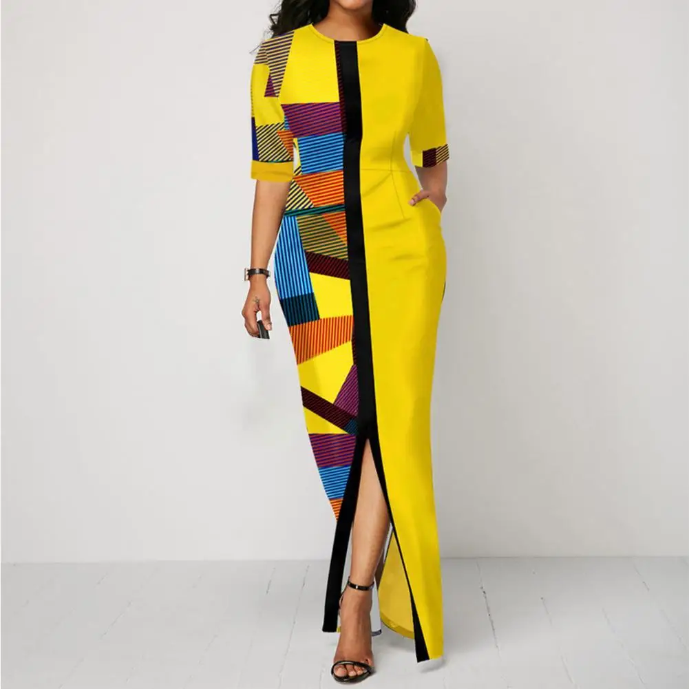 

Вечернее платье с круглым вырезом, облегающее платье с разрезом на подоле, лоскутное облегающее платье