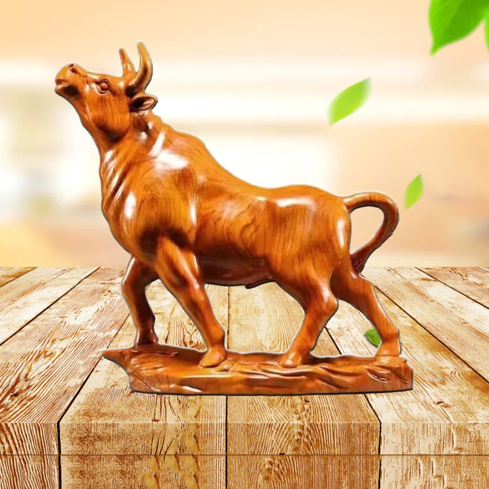 20CM Ebony/Rosewood Wood Carving Bull Ornament Solid Wood Zodiac Bull Statue Home Decoration Crafts Animal Figurine Knick-Knacks