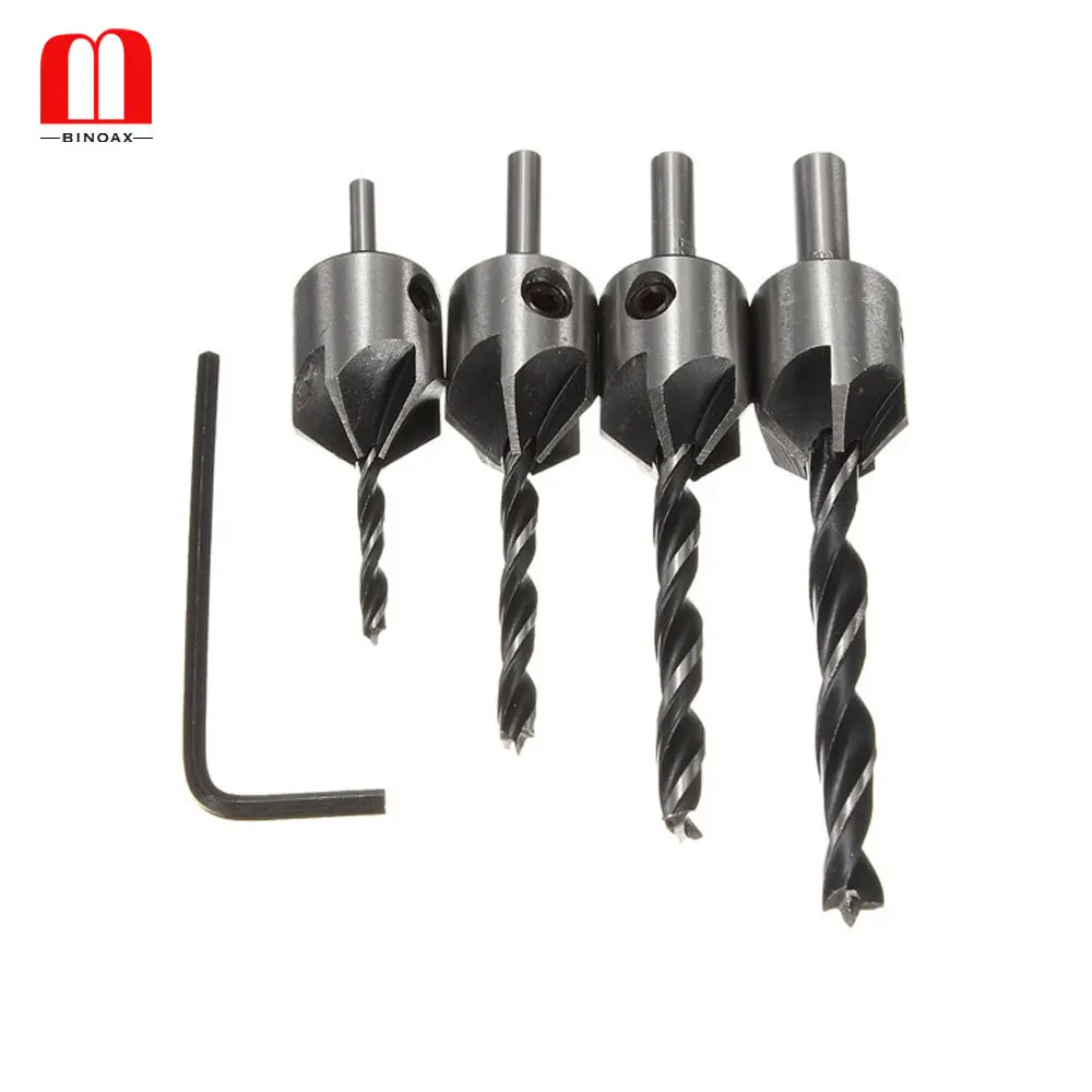

BINOAX 4pcs HSS 5 Flute Countersink Drill Bit Set Screw Woodworking Chamfer Tool 3-6mm