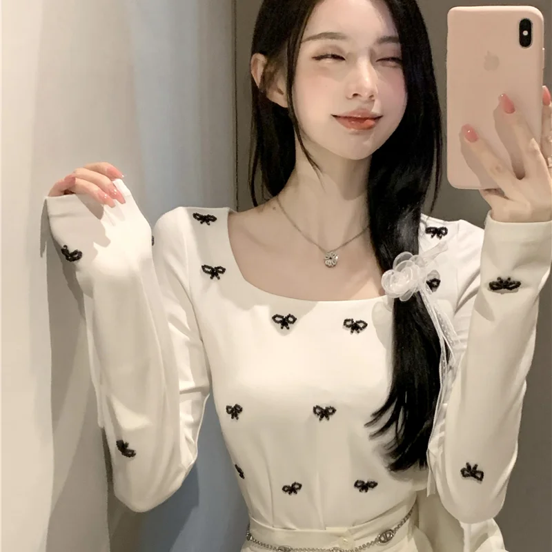 Женский вязаный свитер с бантом квадратным вырезом | Женская одежда