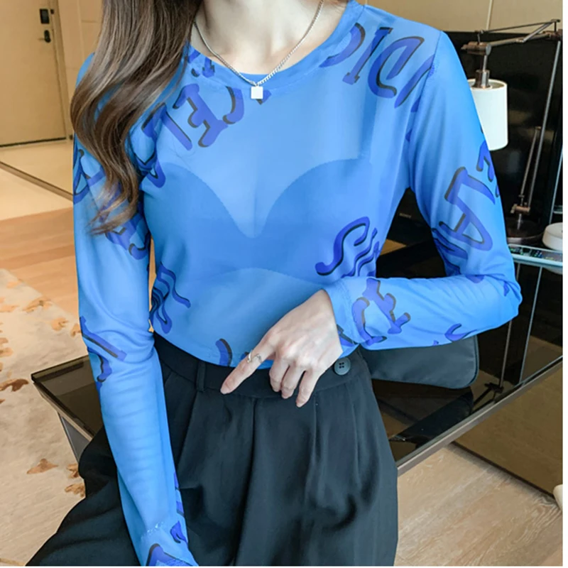 

AOSSVIAO Women Summer Style Blouses Shirts Lady Casual Long Sleeve O-Neck Polka Letter Printed esh Sheer See-Through Blusas Tops