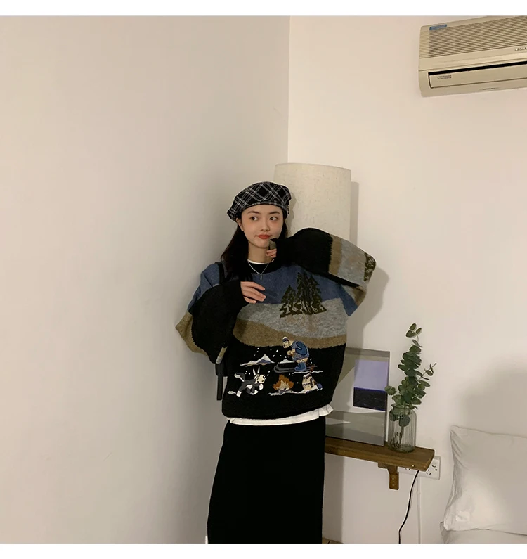 Woherb Pull Femme, осенне-зимний вязаный свитер в стиле Харадзюку, Женский контрастный пуловер с мультяшной вышивкой, джемпер, корейские свитера