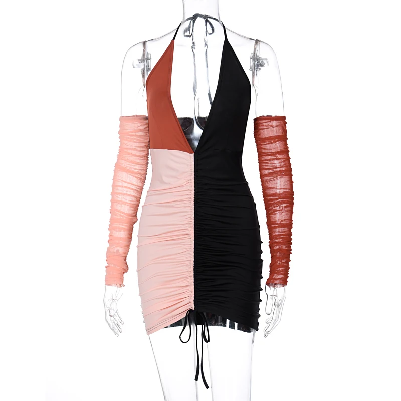

Hugcitar 2021 Long Sleeve Halter Mesh Patchwork Backless Bandage Ruched Mini Dress Spring Summer Women Sexy Party Club Clothing