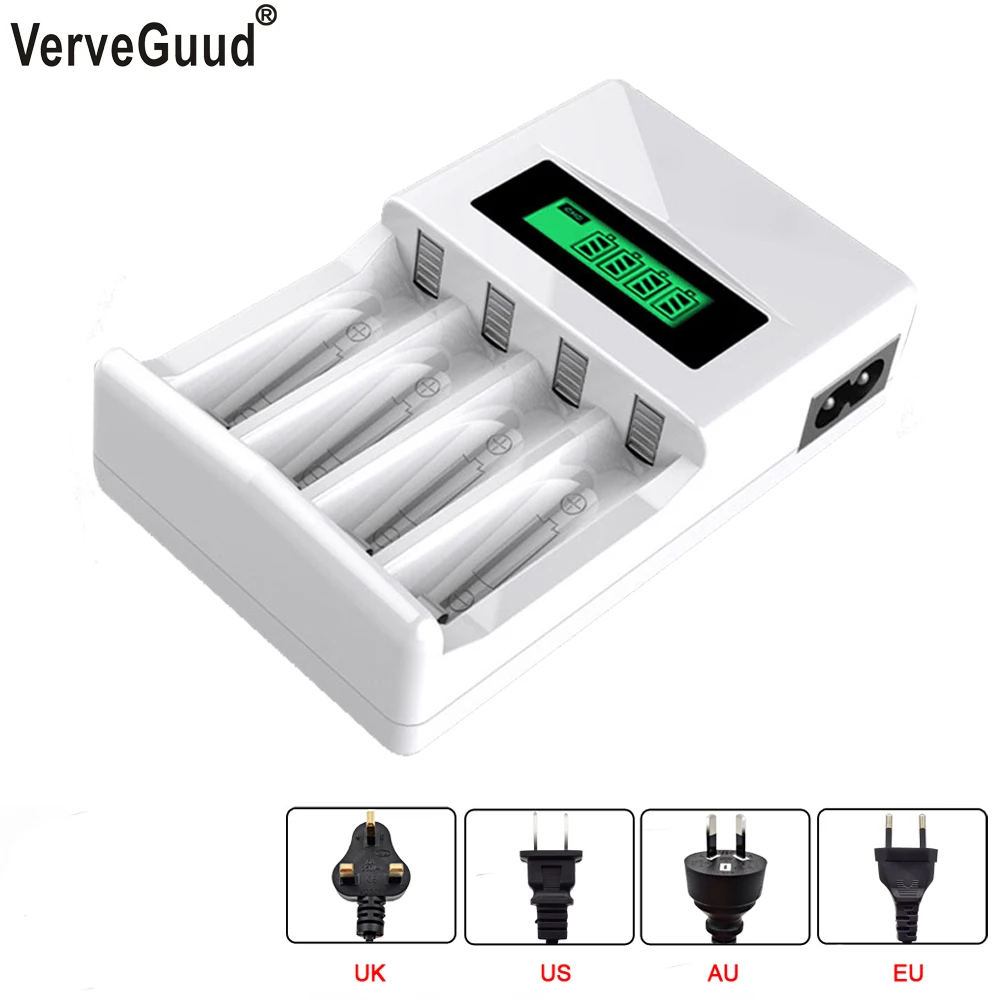 VerveGuud 4Slots LCD Display Smart Intelligent Battery Charger For aa/aaa AA/AAA NI-CD NiCd NI-MH NiMh Rechargeable Batteries |
