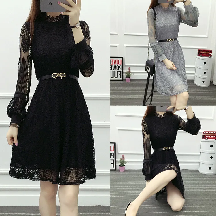 Hollow Out White Dress Sexy Women Mid Chiffon Criss Cross Lantern sleeve O-Neck Long Sleeve Crochet Lace Black BG66 | Женская одежда