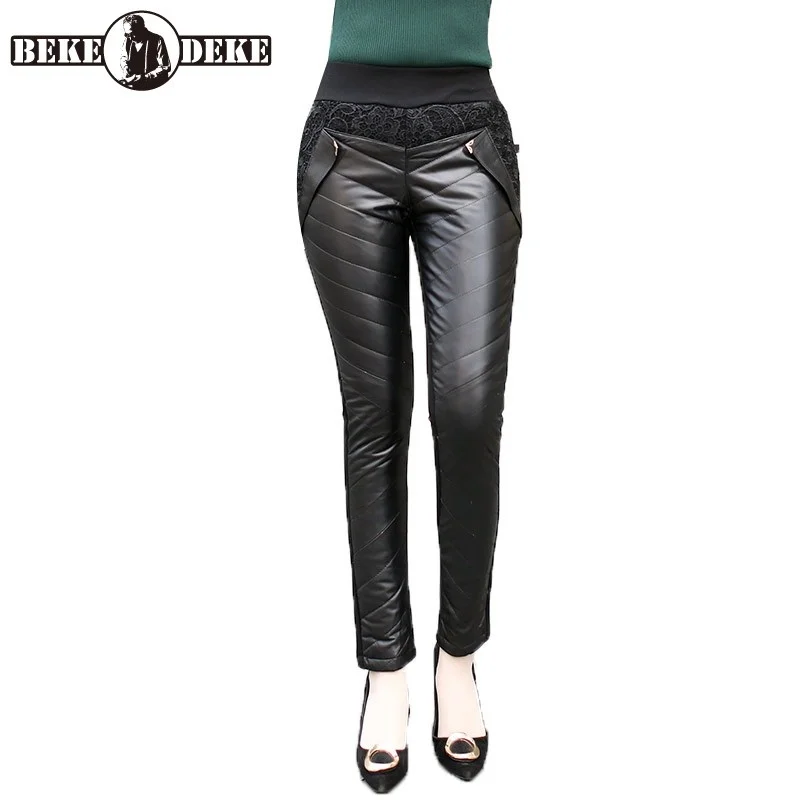 

Winter High Waist Sheepskin Warm Pencil Pants Women OL Style Elegant Lace Patchwork Trousers Black Real Leather Slim Pants